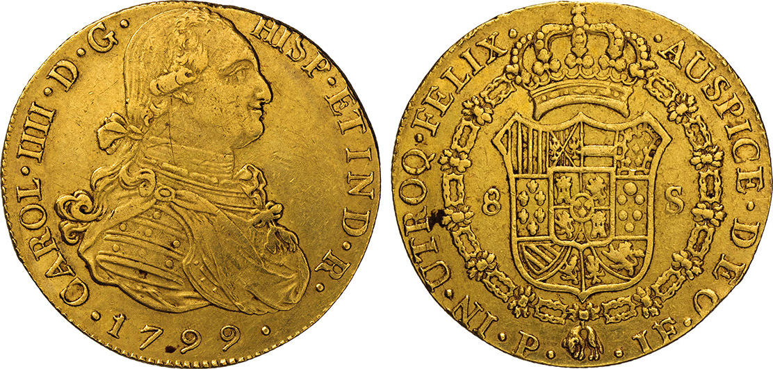 Moneda de 8 escudos acuñada en 1799, conocida como "pelucona" u onza