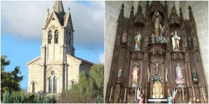 Fachada y retablo mayor de la iglesia de Sabucedo de Montes en la actualidad/ La Región